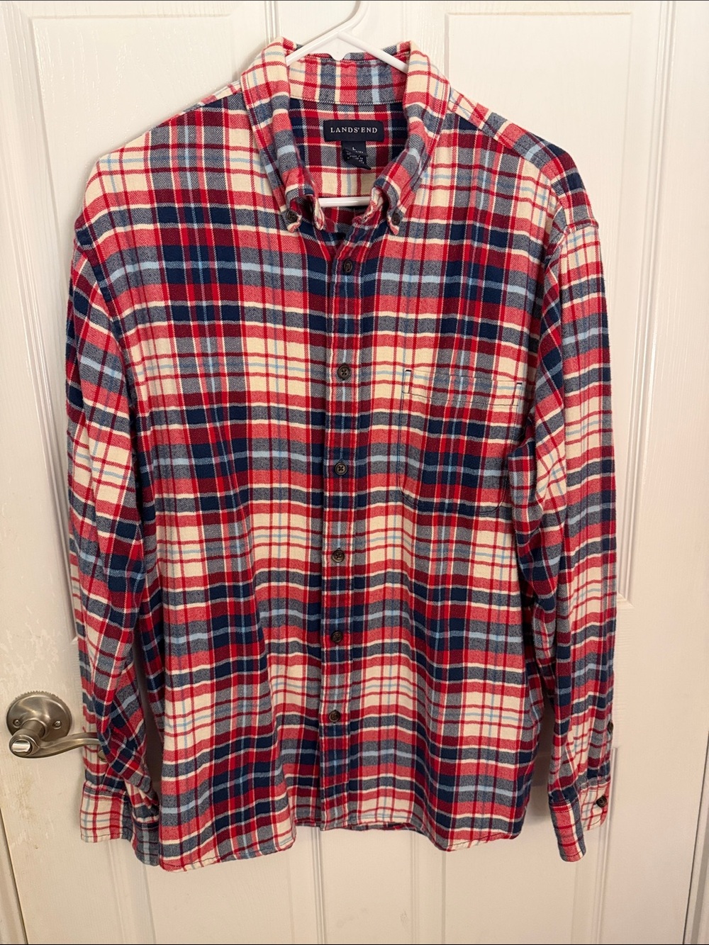 Lands' End Men's Lg Red White and Blue Plaid Flannel Shirt